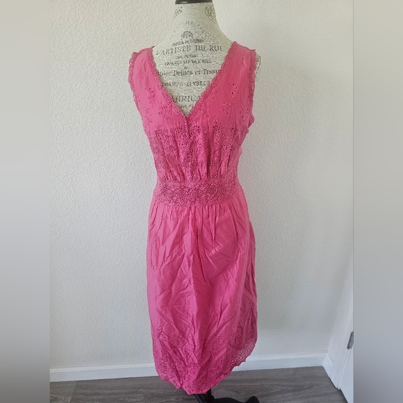 Charter Club Pink Midi Dress Polished Cottom Eyelet & Crochet Trim Side Zip 16 - Picture 1 of 7